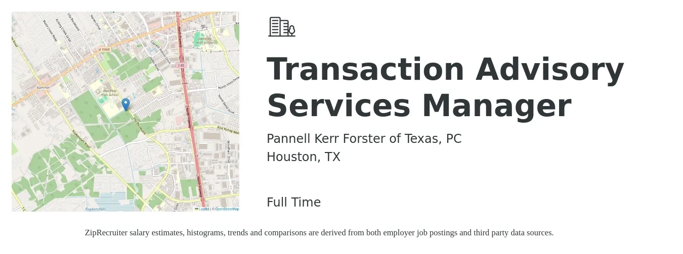 Pannell Kerr Forster of Texas, PC job posting for a Transaction Advisory Services Manager in Houston, TX with a salary of $110,500 to $161,700 Yearly with a map of Houston location.