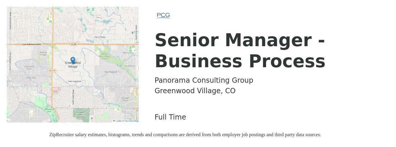 Panorama Consulting Group job posting for a Senior Manager - Business Process in Greenwood Village, CO with a salary of $102,200 to $154,800 Yearly with a map of Greenwood Village location.