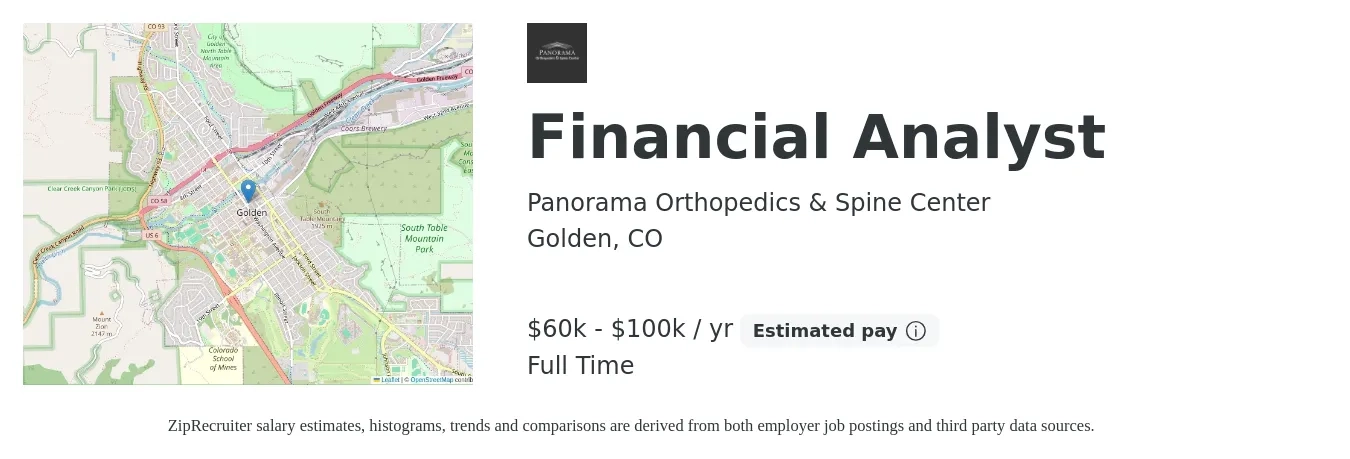 Panorama Orthopedics & Spine Center job posting for a Financial Analyst in Golden, CO with a salary of $60,000 to $100,000 Yearly with a map of Golden location.