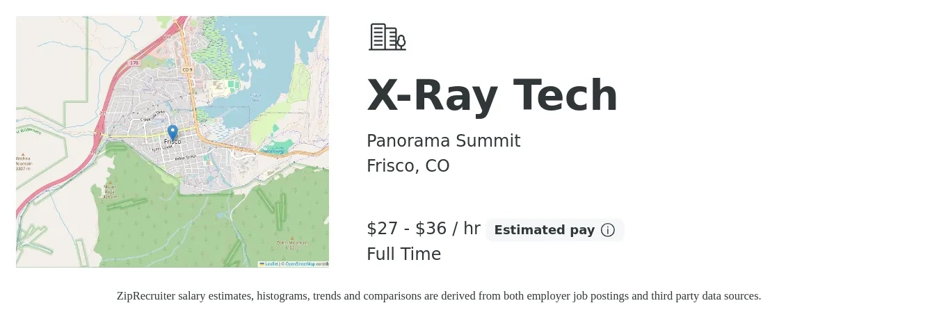 Panorama Summit job posting for a X-Ray Tech in Frisco, CO with a salary of $29 to $38 Hourly with a map of Frisco location.