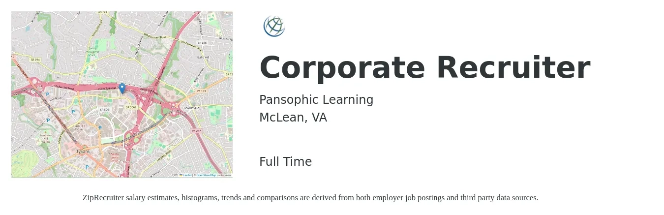 Pansophic Learning job posting for a Corporate Recruiter in McLean, VA with a salary of $50,500 to $72,800 Yearly with a map of McLean location.