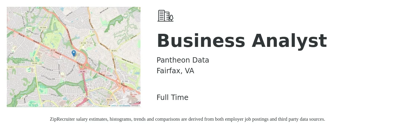 Pantheon Data job posting for a Business Analyst in Fairfax, VA with a salary of $38 to $63 Hourly with a map of Fairfax location.