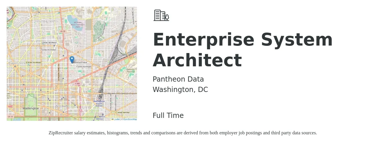 Pantheon Data job posting for a Enterprise System Architect in Washington, DC with a salary of $124,500 to $187,900 Yearly with a map of Washington location.
