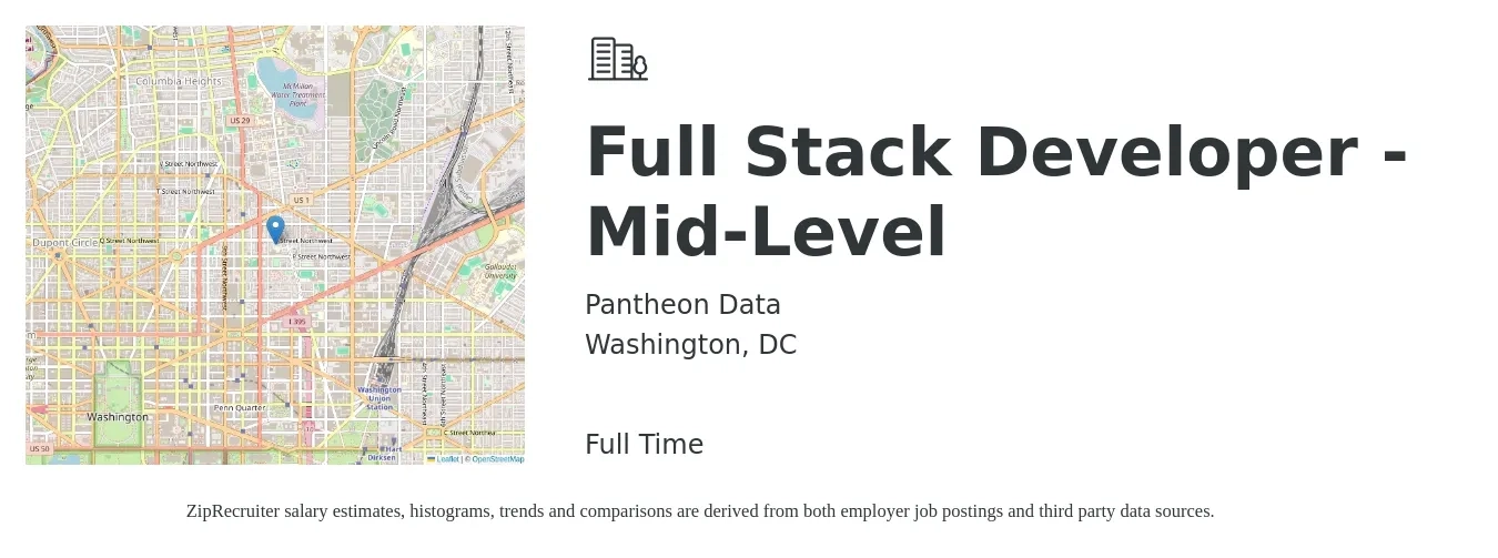Pantheon Data job posting for a Full Stack Developer - Mid-Level in Washington, DC with a salary of $58 to $80 Hourly with a map of Washington location.