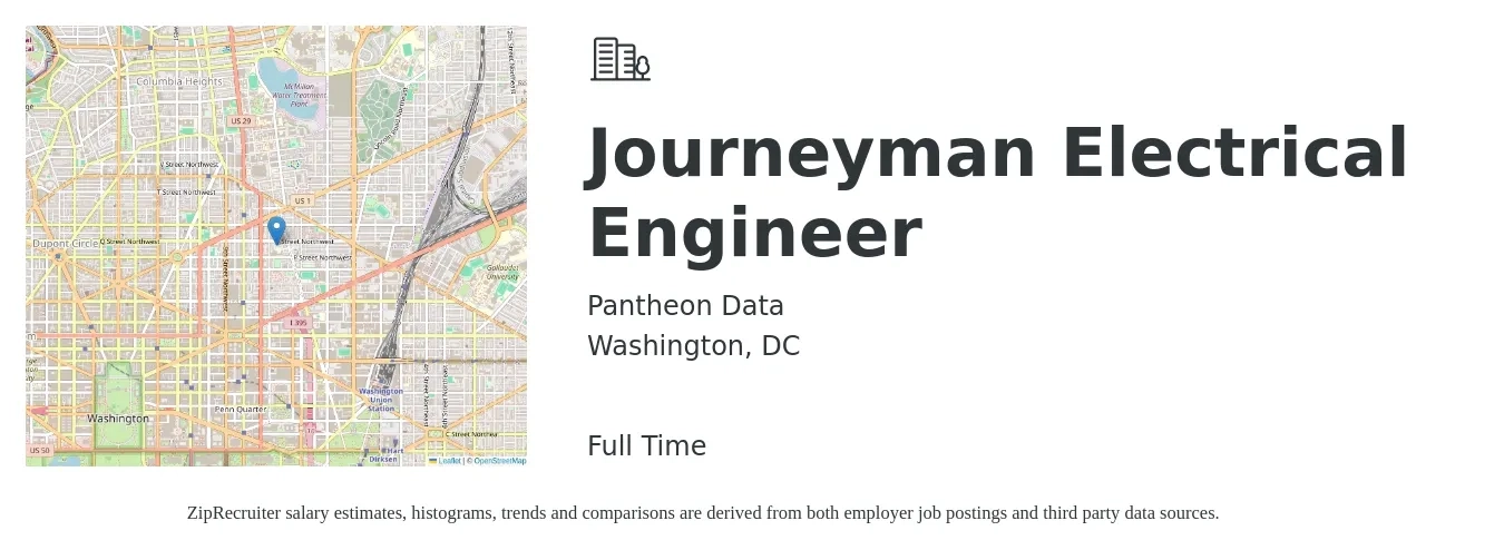 Pantheon Data job posting for a Journeyman Electrical Engineer in Washington, DC with a salary of $32 to $48 Hourly with a map of Washington location.