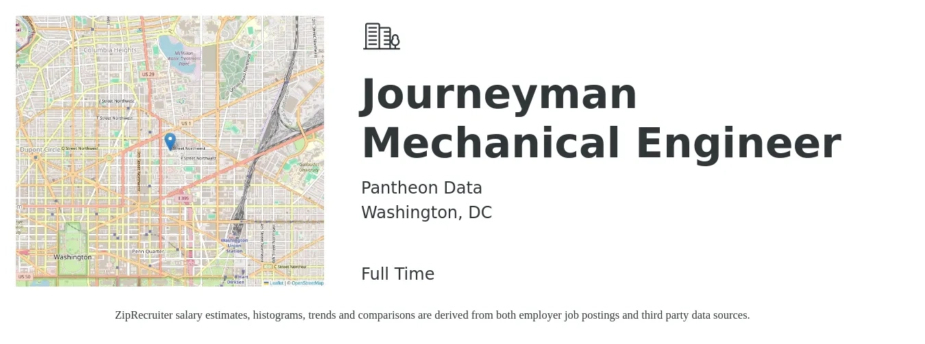 Pantheon Data job posting for a Journeyman Mechanical Engineer in Washington, DC with a salary of $92,300 to $143,200 Yearly with a map of Washington location.