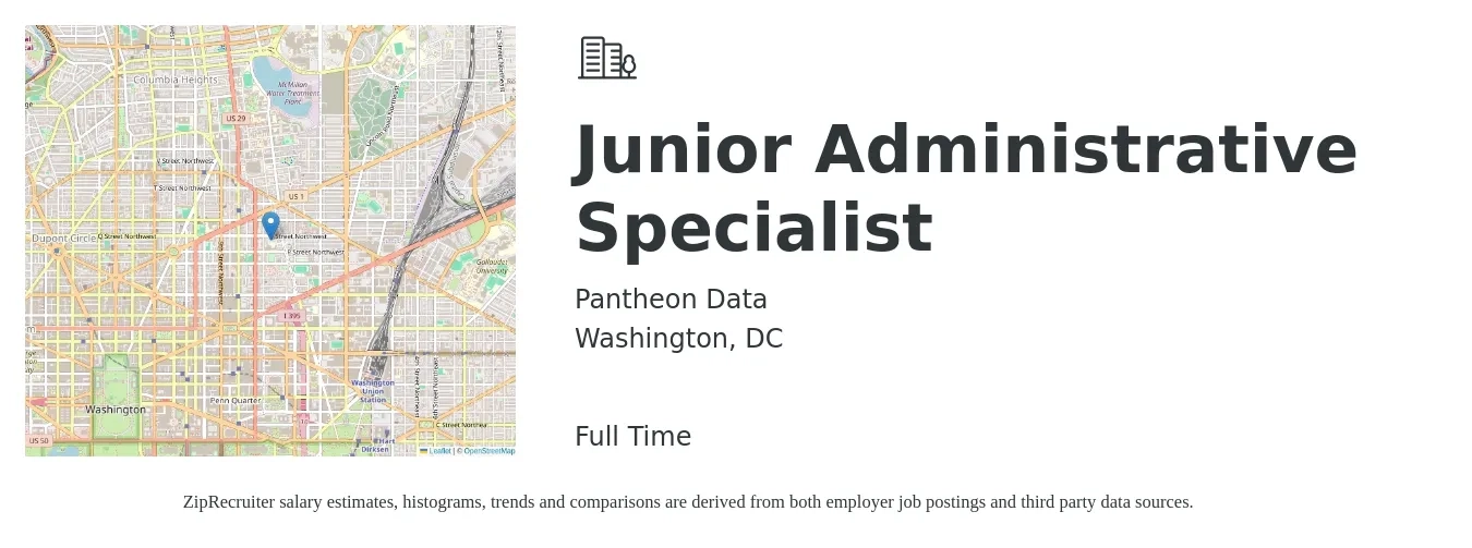 Pantheon Data job posting for a Junior Administrative Specialist in Washington, DC with a salary of $52,700 to $71,300 Yearly with a map of Washington location.