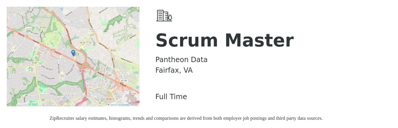 Pantheon Data job posting for a Scrum Master in Fairfax, VA with a salary of $53 to $70 Hourly with a map of Fairfax location.