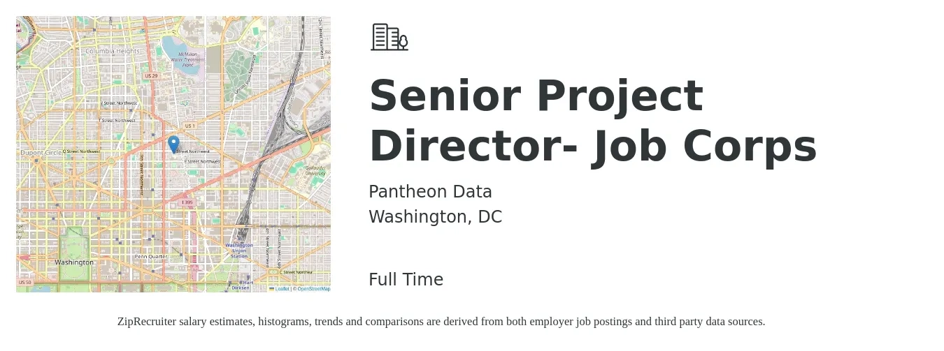 Pantheon Data job posting for a Senior Project Director- Job Corps in Washington, DC with a salary of $117,200 to $165,300 Yearly with a map of Washington location.