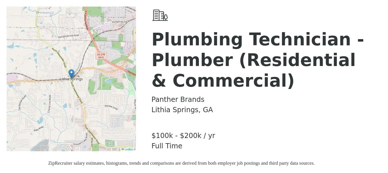 Panther Brands job posting for a Plumbing Technician - Plumber (Residential & Commercial) in Lithia Springs, GA with a salary of $100,000 to $200,000 Yearly with a map of Lithia Springs location.