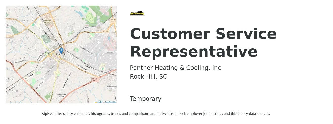 Panther Heating & Cooling, Inc. job posting for a Customer Service Representative in Rock Hill, SC with a salary of $14 to $19 Hourly with a map of Rock Hill location.