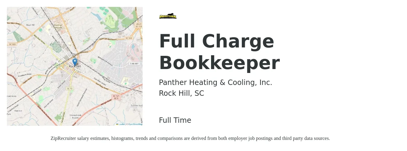 Panther Heating & Cooling, Inc. job posting for a Full Charge Bookkeeper in Rock Hill, SC with a salary of $43,600 to $58,400 Yearly with a map of Rock Hill location.