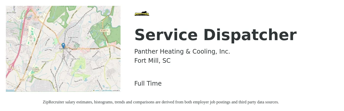 Panther Heating & Cooling, Inc. job posting for a Service Dispatcher in Fort Mill, SC with a salary of $16 to $22 Hourly with a map of Fort Mill location.