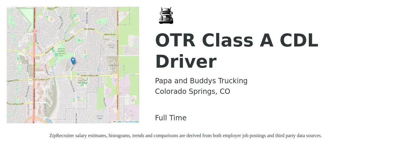 Papa and Buddys Trucking job posting for a OTR Class A CDL Driver in Colorado Springs, CO with a salary of $1,800 to $2,200 Weekly with a map of Colorado Springs location.
