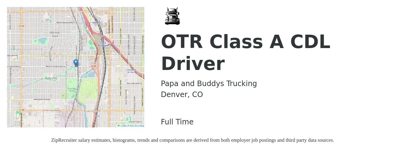 Papa and Buddys Trucking job posting for a OTR Class A CDL Driver in Denver, CO with a salary of $1,800 to $2,200 Weekly with a map of Denver location.