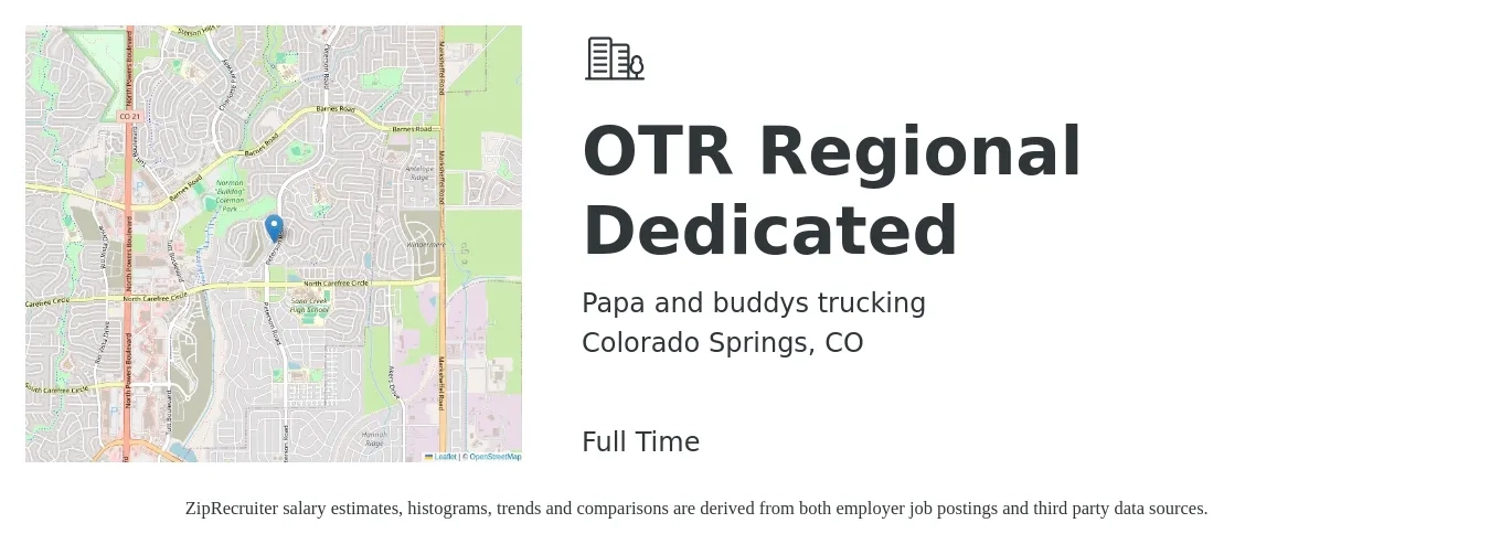 Papa and buddys trucking job posting for a OTR Regional Dedicated in Colorado Springs, CO with a salary of $1,280 to $1,670 Weekly with a map of Colorado Springs location.