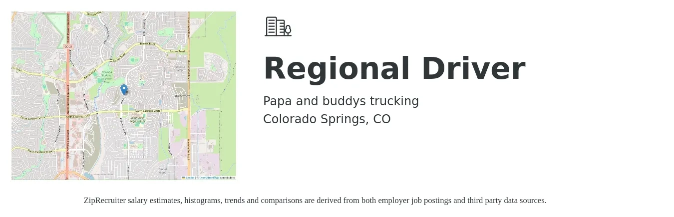 Papa and buddys trucking job posting for a Regional Driver in Colorado Springs, CO with a salary of $1,280 to $1,670 Weekly with a map of Colorado Springs location.