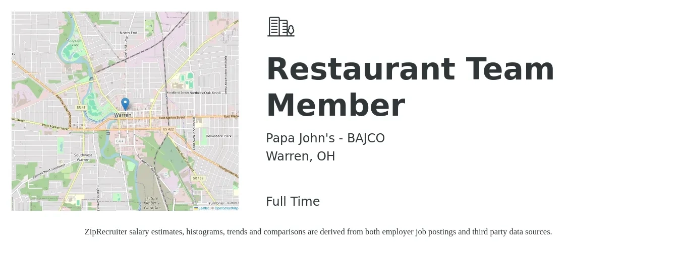 Papa John's - BAJCO job posting for a Restaurant Team Member in Warren, OH with a salary of $10 to $14 Hourly with a map of Warren location.