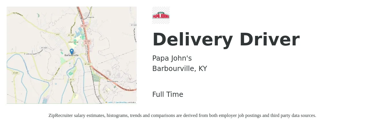 Papa John's job posting for a Delivery Driver in Barbourville, KY with a salary of $14 to $17 Hourly with a map of Barbourville location.