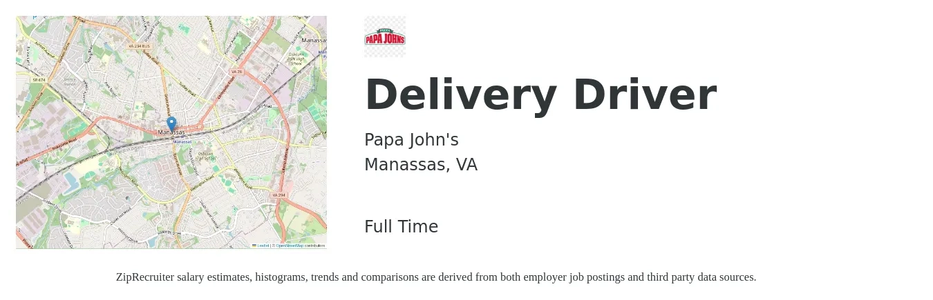 Papa John's job posting for a Delivery Driver in Manassas, VA with a salary of $16 to $20 Hourly with a map of Manassas location.
