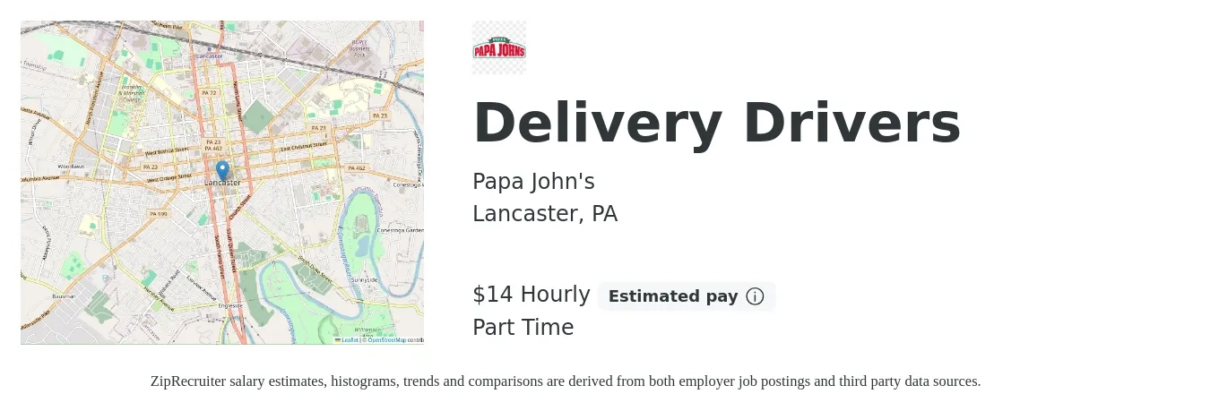 Papa John's job posting for a Delivery Drivers in Lancaster, PA with a salary of $20 Hourly with a map of Lancaster location.