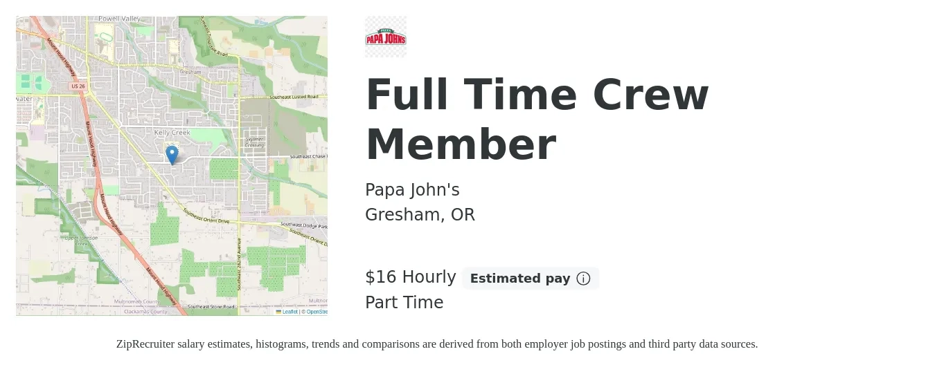 Papa John's job posting for a Full Time Crew Member in Gresham, OR with a salary of $17 Hourly with a map of Gresham location.