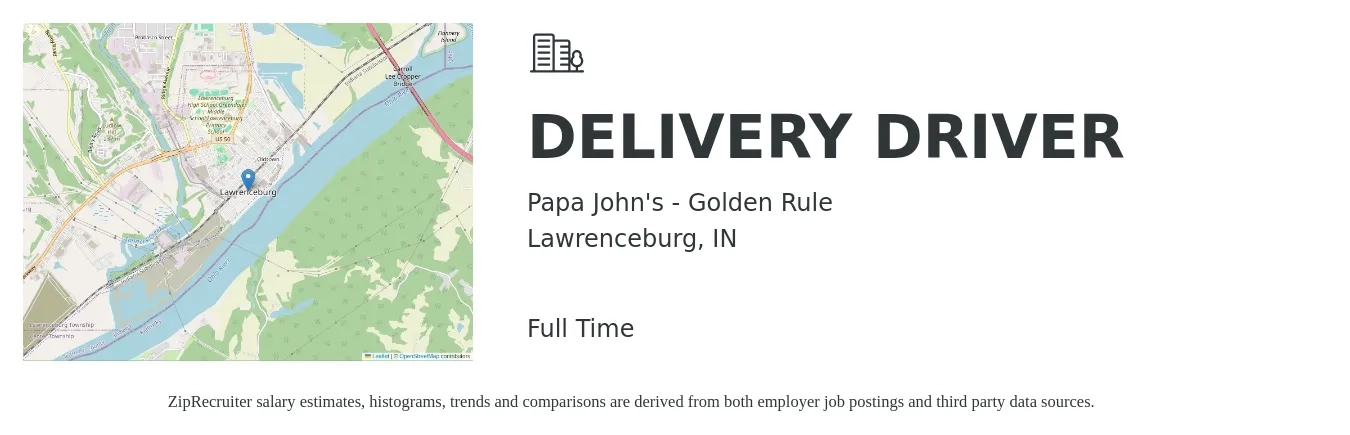 Papa John's - Golden Rule job posting for a DELIVERY DRIVER in Lawrenceburg, IN with a salary of $15 to $19 Hourly with a map of Lawrenceburg location.
