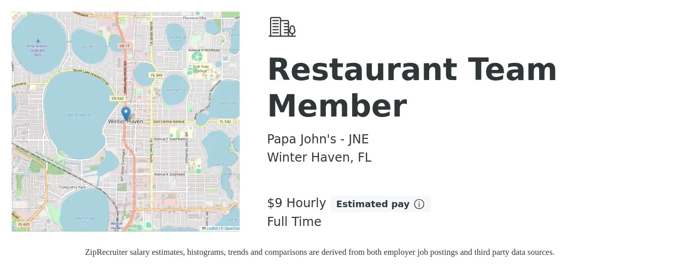 Papa John's - JNE job posting for a Restaurant Team Member in Winter Haven, FL with a salary of $10 Hourly with a map of Winter Haven location.