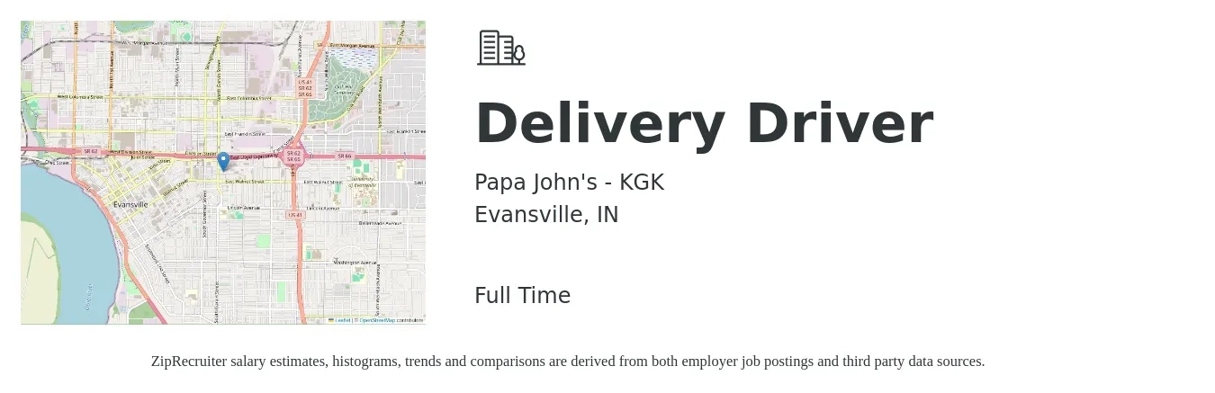 Papa John's - KGK job posting for a Delivery Driver in Evansville, IN with a salary of $16 to $20 Hourly with a map of Evansville location.
