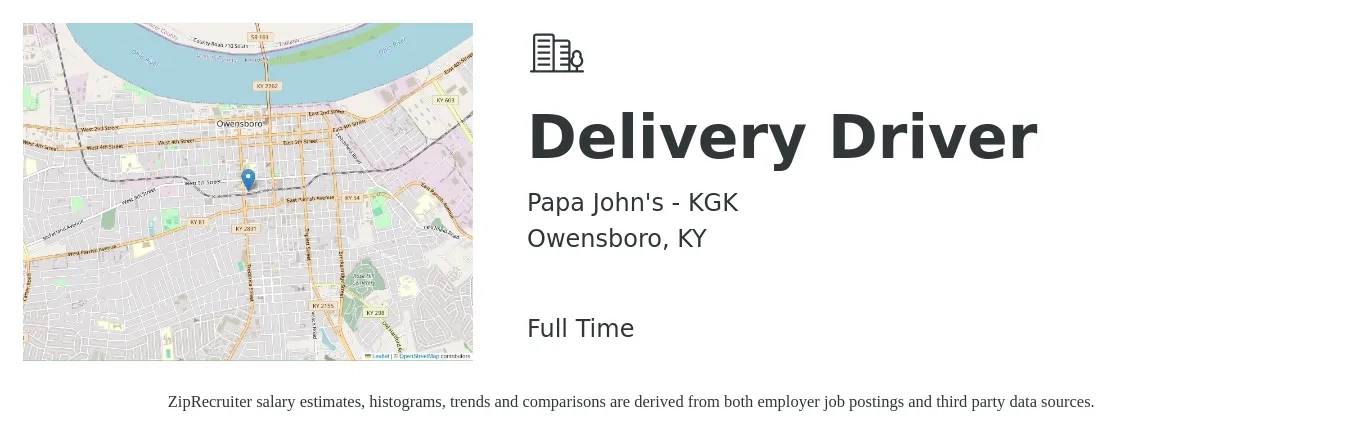 Papa John's - KGK job posting for a Delivery Driver in Owensboro, KY with a salary of $14 to $18 Hourly with a map of Owensboro location.