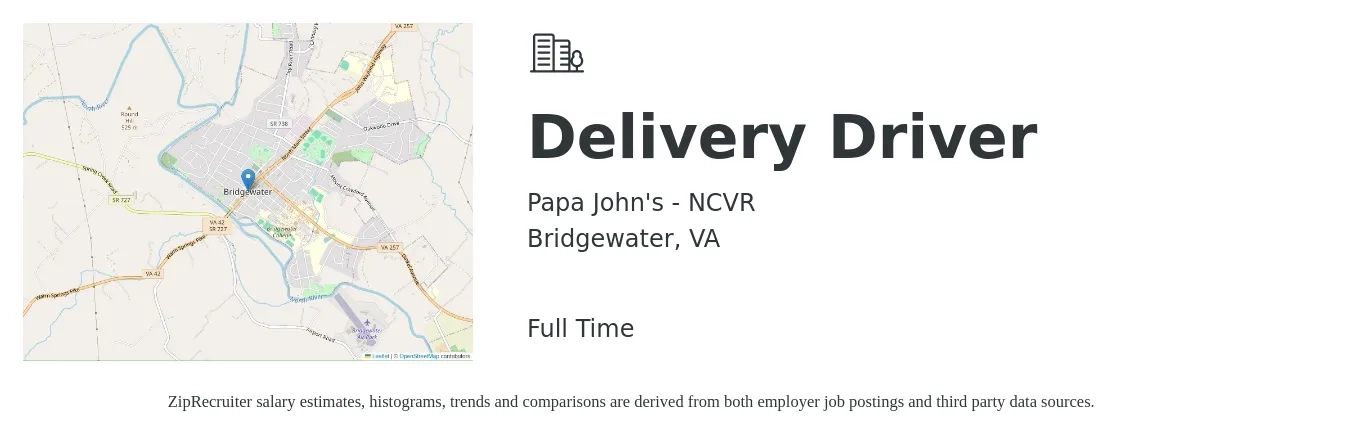 Papa John's - NCVR job posting for a Delivery Driver in Bridgewater, VA with a salary of $16 to $20 Hourly with a map of Bridgewater location.