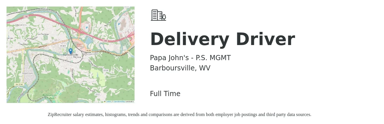 Papa John's - P.S. MGMT job posting for a Delivery Driver in Barboursville, WV with a salary of $13 to $16 Hourly with a map of Barboursville location.
