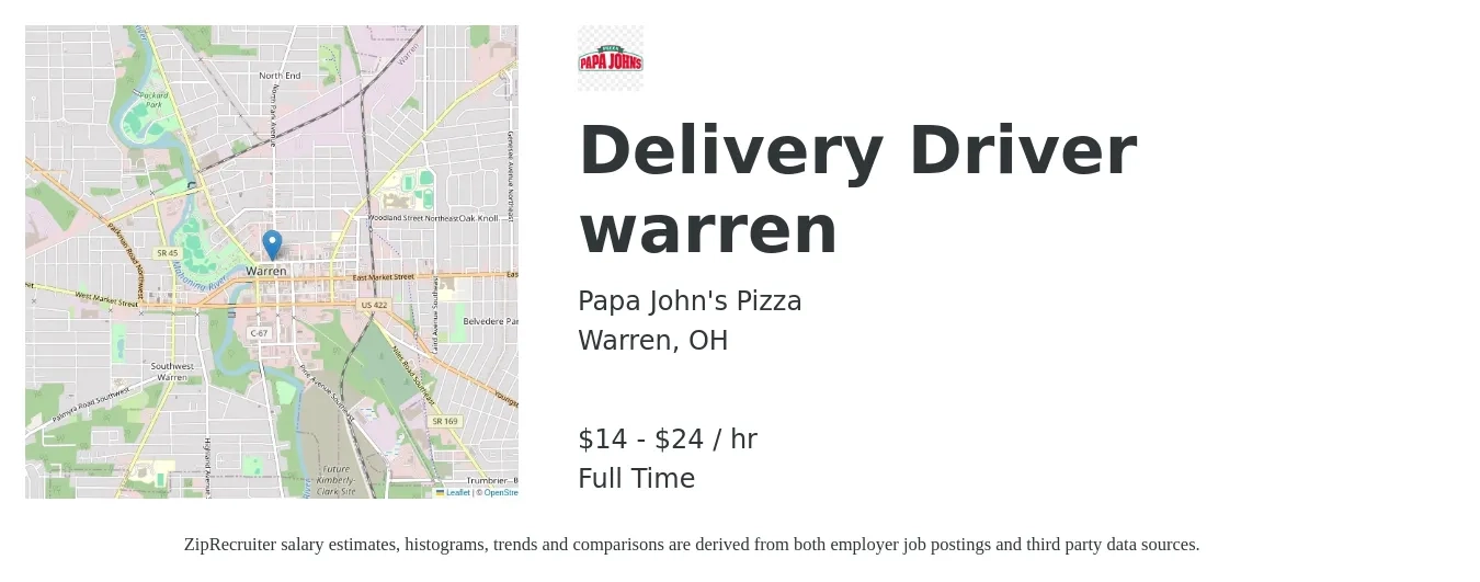 Papa John's Pizza job posting for a Delivery Driver warren in Warren, OH with a salary of $15 to $25 Hourly with a map of Warren location.