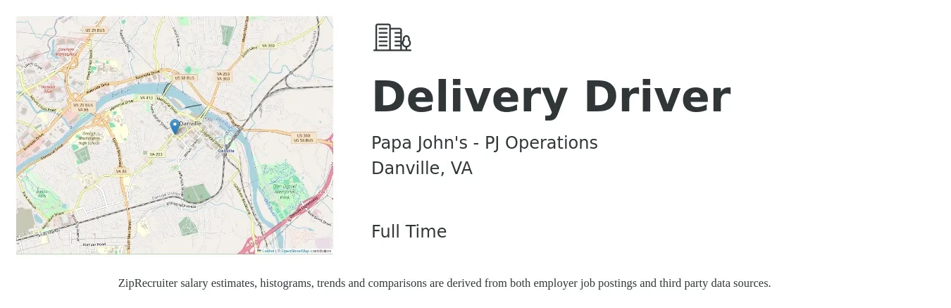 Papa John's - PJ Operations job posting for a Delivery Driver in Danville, VA with a salary of $16 to $20 Hourly with a map of Danville location.