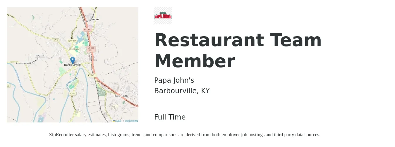Papa John's job posting for a Restaurant Team Member in Barbourville, KY with a salary of $10 to $13 Hourly with a map of Barbourville location.