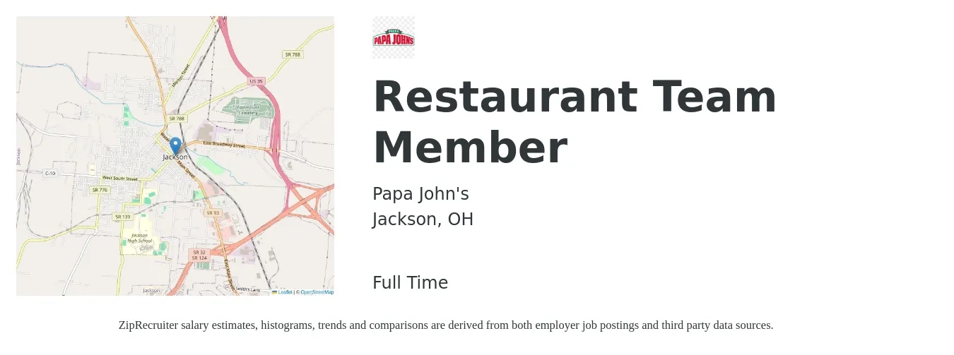 Papa John's job posting for a Restaurant Team Member in Jackson, OH with a salary of $9 to $12 Hourly with a map of Jackson location.
