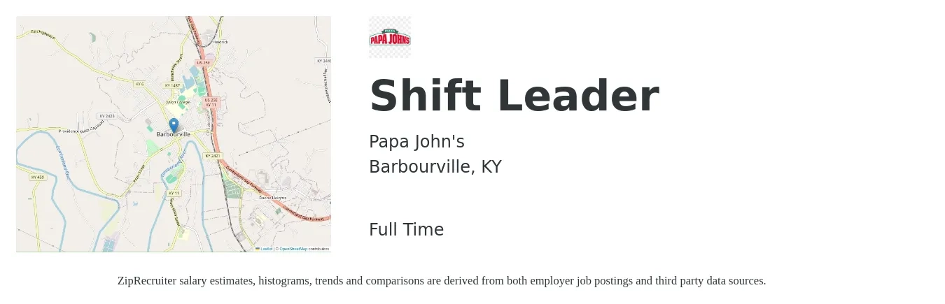 Papa John's job posting for a Shift Leader in Barbourville, KY with a salary of $11 to $14 Hourly with a map of Barbourville location.