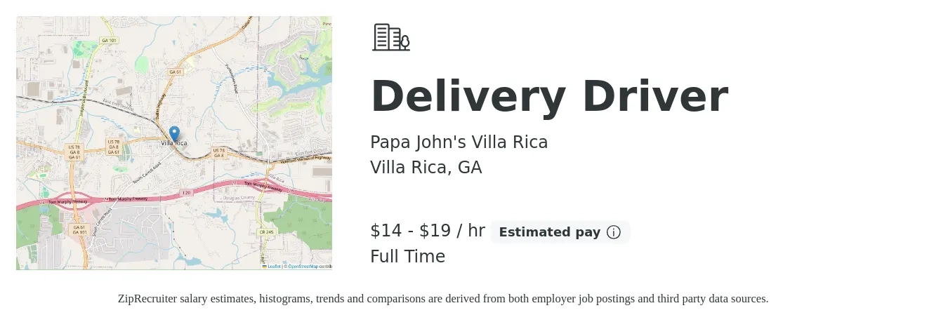 Papa John's Villa Rica job posting for a Delivery Driver in Villa Rica, GA with a salary of $15 to $20 Hourly with a map of Villa Rica location.