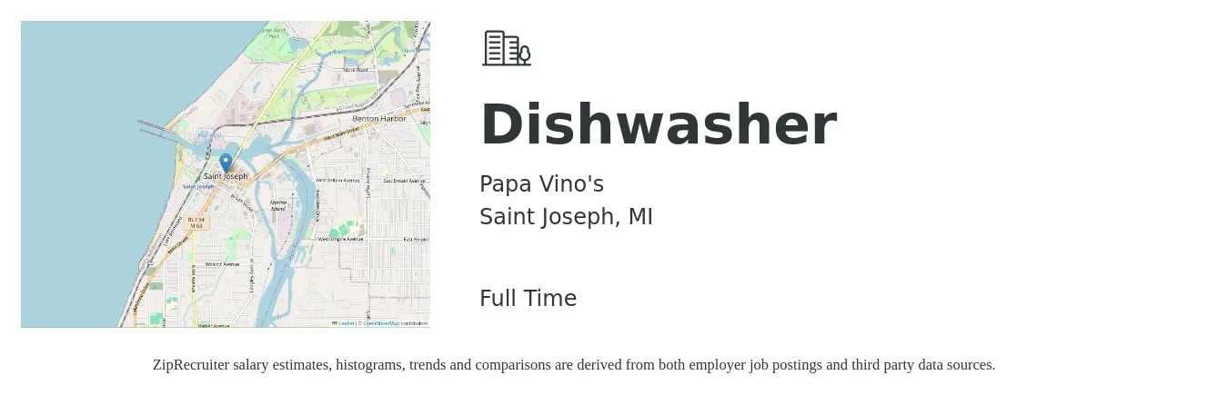Papa Vino's job posting for a Dishwasher in Saint Joseph, MI with a salary of $12 to $16 Hourly with a map of Saint Joseph location.