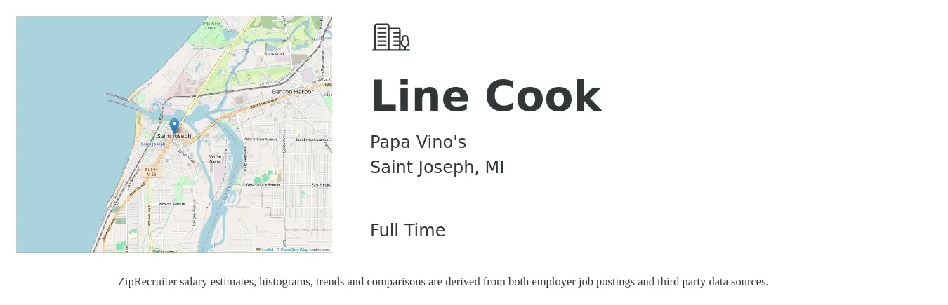 Papa Vino's job posting for a Line Cook in Saint Joseph, MI with a salary of $15 to $19 Hourly with a map of Saint Joseph location.