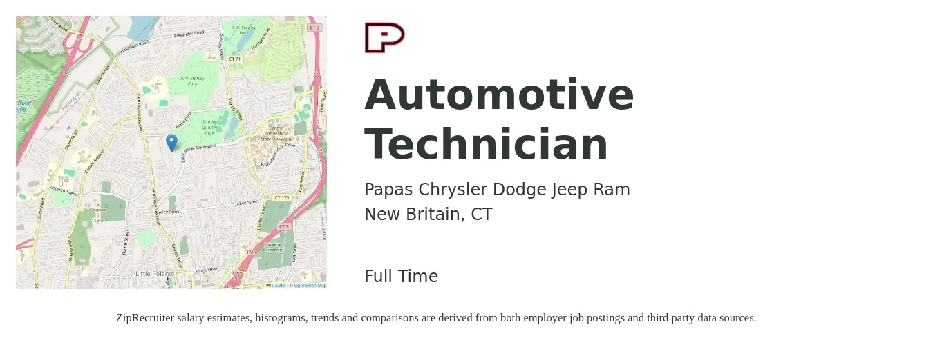 Papas Chrysler Dodge Jeep Ram job posting for a Automotive Technician in New Britain, CT with a salary of $22 to $34 Hourly with a map of New Britain location.