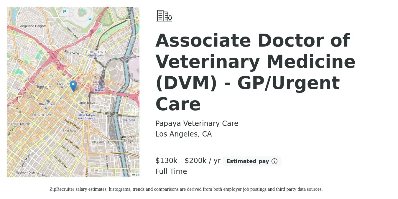 Papaya Veterinary Care job posting for a Associate Doctor of Veterinary Medicine (DVM) - GP/Urgent Care in Los Angeles, CA with a salary of $130,000 to $200,000 Yearly with a map of Los Angeles location.
