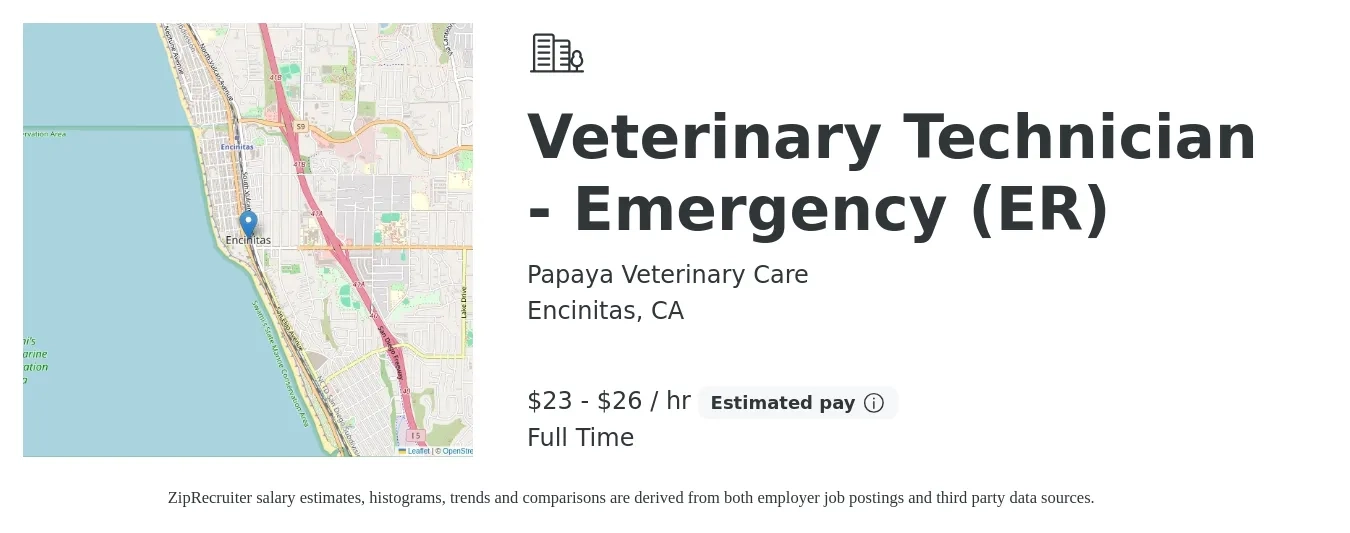 Papaya Veterinary Care job posting for a Veterinary Technician - Emergency (ER) in Encinitas, CA with a salary of $24 to $28 Hourly with a map of Encinitas location.