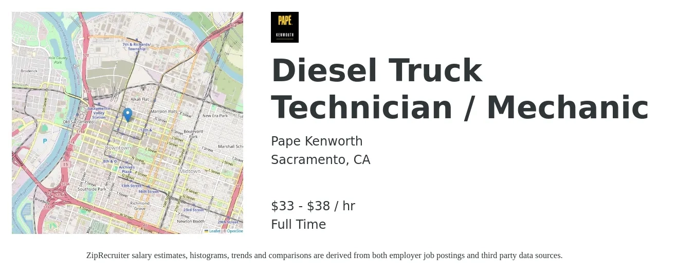 Pape Kenworth job posting for a Diesel Truck Technician / Mechanic in Sacramento, CA with a salary of $35 to $40 Hourly with a map of Sacramento location.