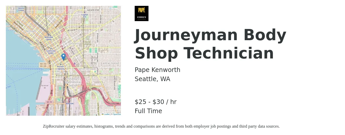 Pape Kenworth job posting for a Journeyman Body Shop Technician in Seattle, WA with a salary of $26 to $32 Hourly with a map of Seattle location.