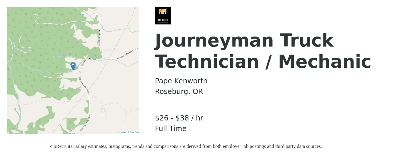 Pape Kenworth job posting for a Journeyman Truck Technician / Mechanic in Roseburg, OR with a salary of $28 to $40 Hourly with a map of Roseburg location.