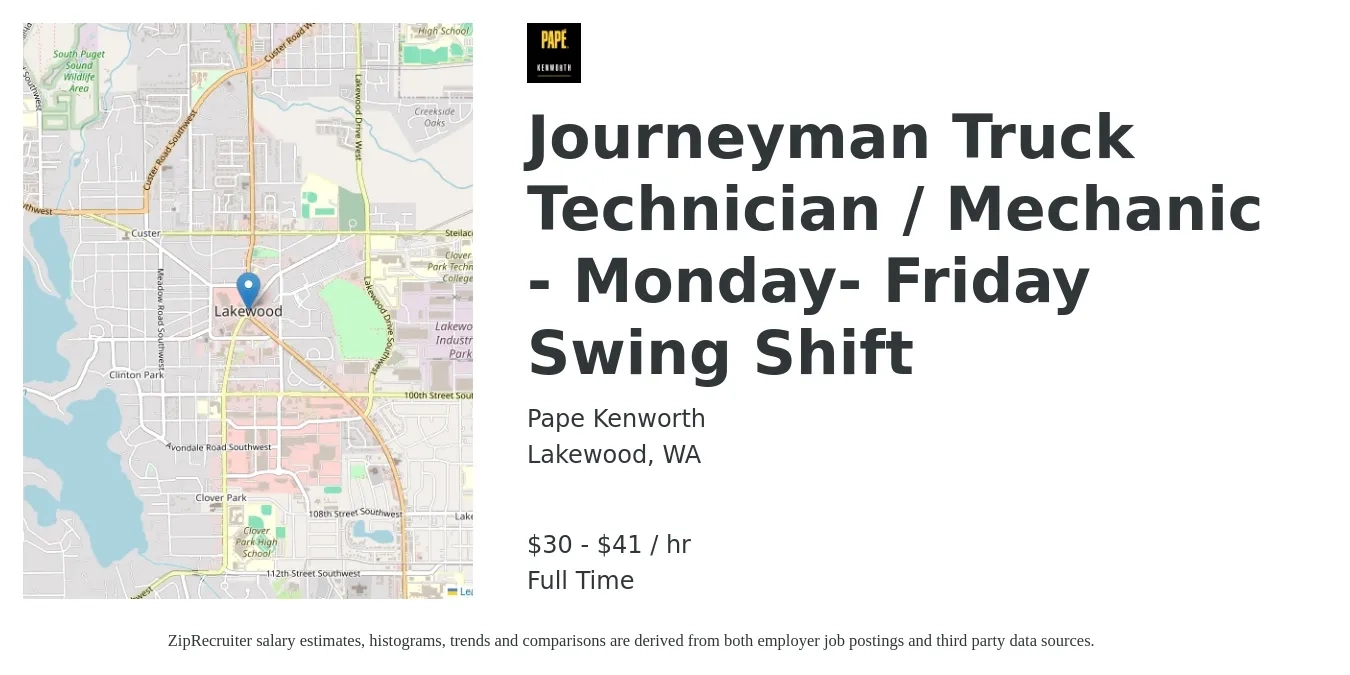 Pape Kenworth job posting for a Journeyman Truck Technician / Mechanic - Monday- Friday Swing Shift in Lakewood, WA with a salary of $32 to $43 Hourly with a map of Lakewood location.
