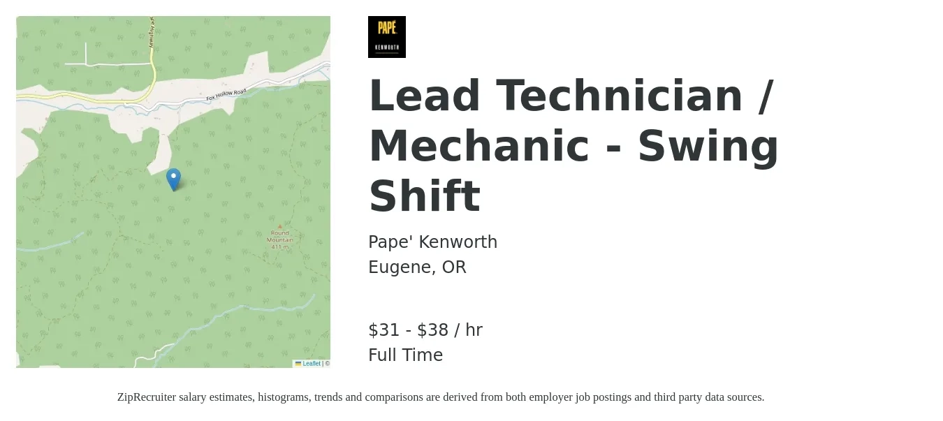Pape Kenworth job posting for a Lead Technician / Mechanic - Swing Shift in Eugene, OR with a salary of $33 to $40 Hourly with a map of Eugene location.