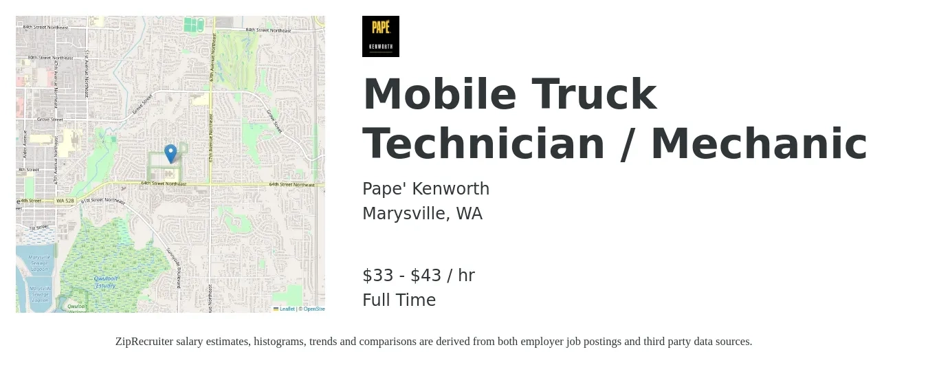 Pape Kenworth job posting for a Mobile Truck Technician / Mechanic in Marysville, WA with a salary of $35 to $45 Hourly with a map of Marysville location.