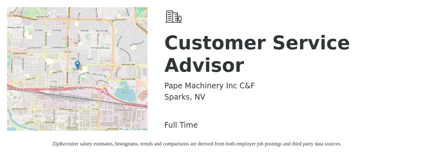 Pape Machinery Inc C&F job posting for a Customer Service Advisor in Sparks, NV with a salary of $16 to $25 Hourly with a map of Sparks location.